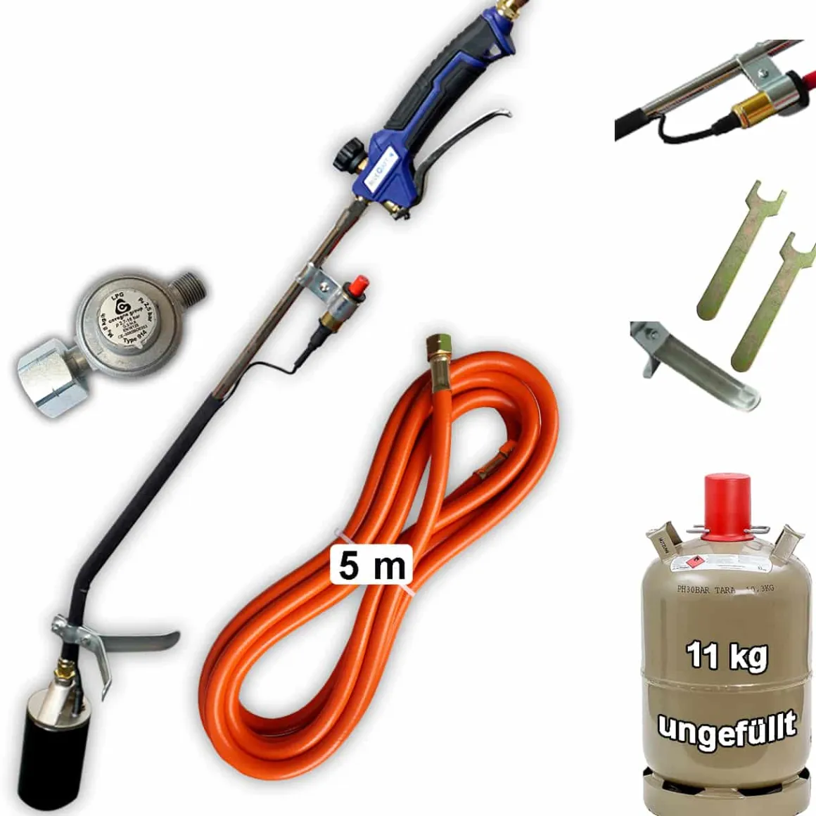 Abflammgerät mit Piezozündung Unkrautvernichter 69 kW, Gas-Druck-Regler, 11kg Gasflasche leer