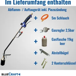 Abflammgerät mit Piezozündung Unkrautvernichter 69 kW, Gas-Druck-Regler, 11kg Gasflasche leer