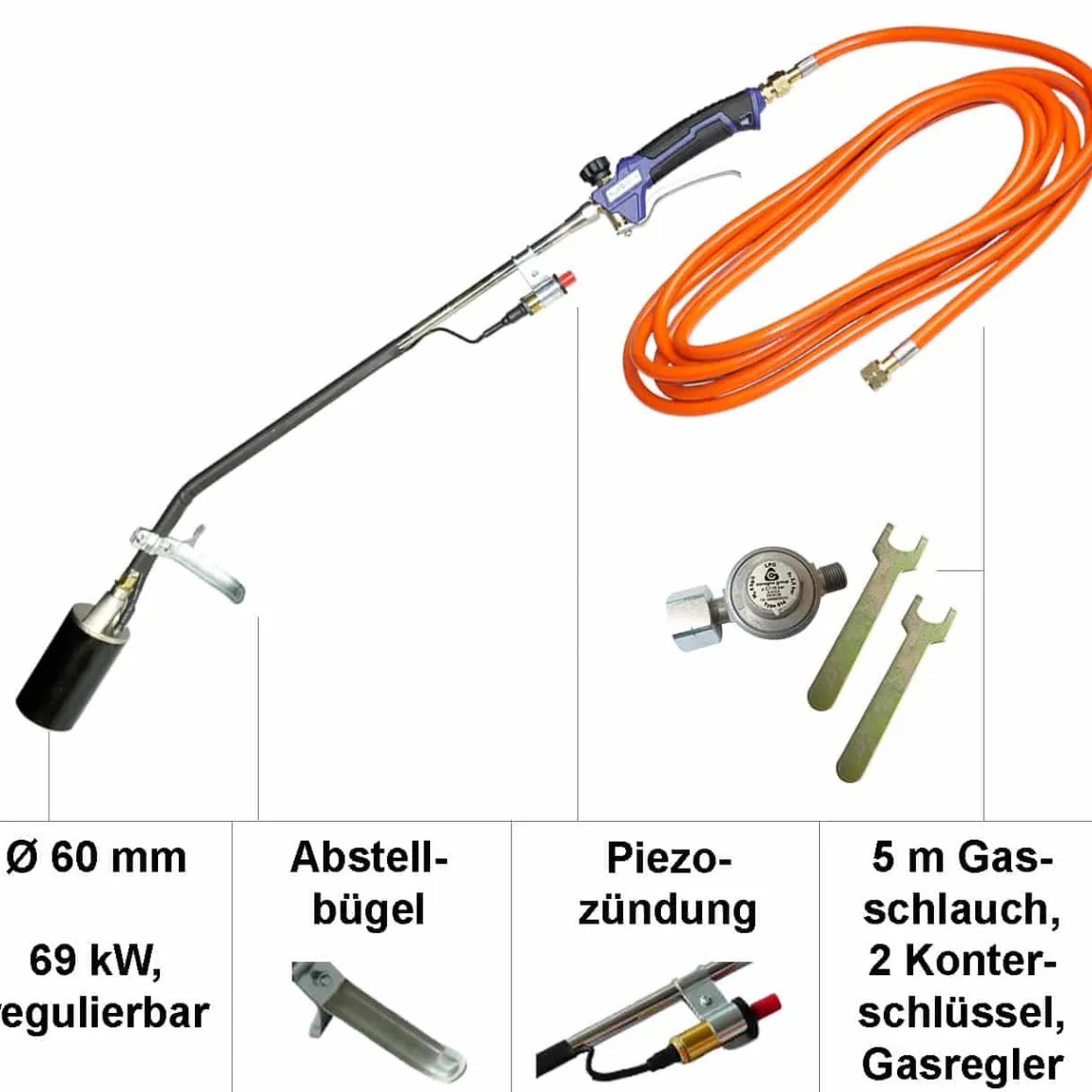 Abflammgerät mit Piezozündung 69 kW mit Gas-Druck-Regler und 10 kg premium Composite Gasflasche leer