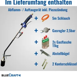 Abflammgerät mit Piezozündung Unkrautvernichter 69 kW, Gas-Druck-Regler, 2x 11kg Gasflasche voll