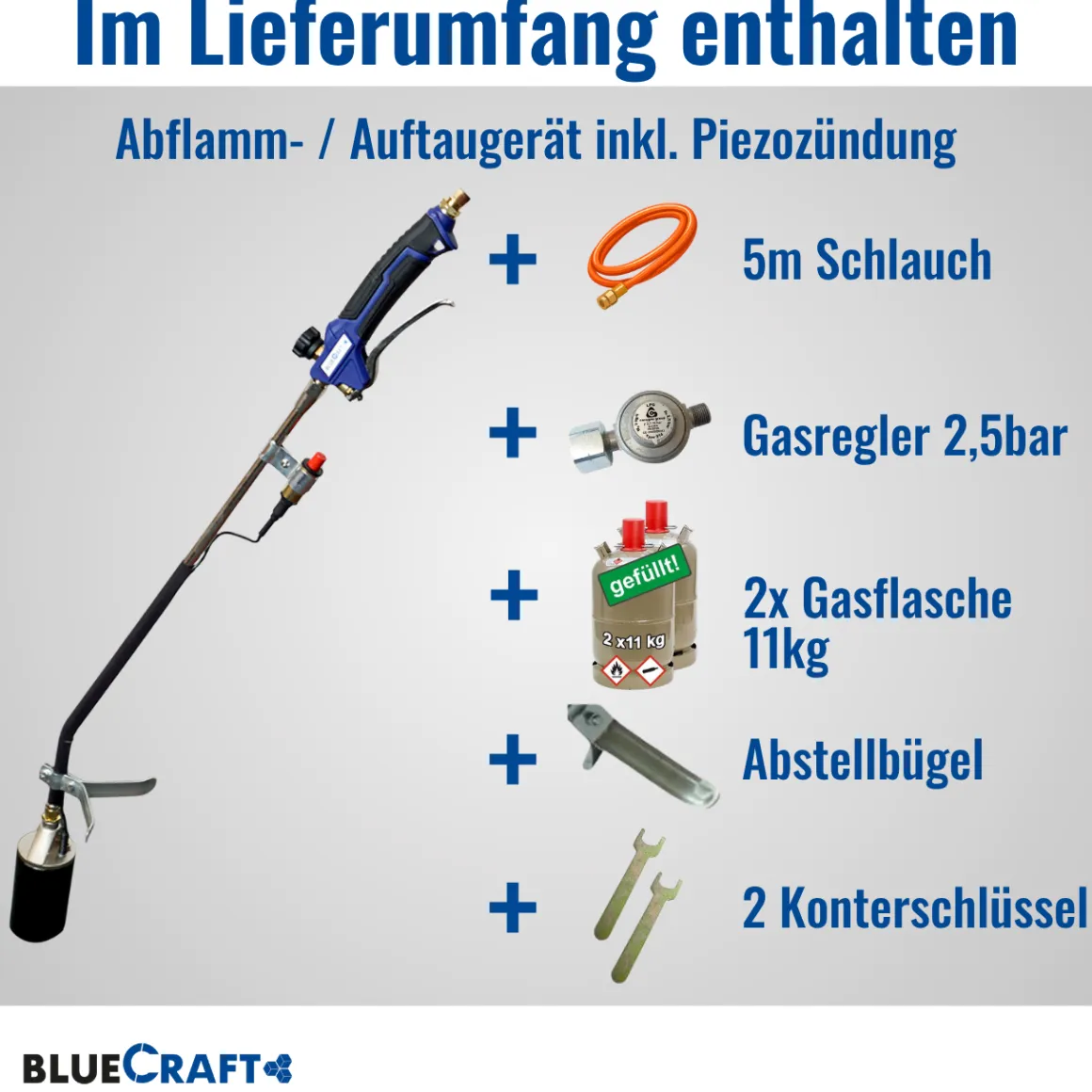Abflammgerät mit Piezozündung Unkrautvernichter 69 kW, Gas-Druck-Regler, 2x 11kg Gasflasche voll