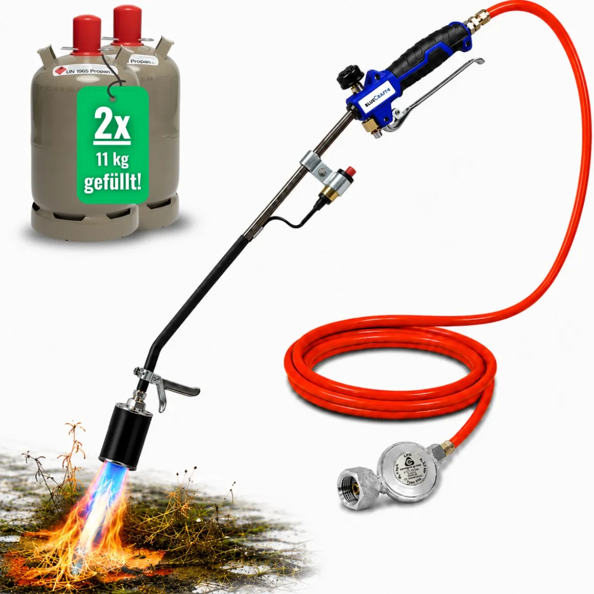 Abflammgerät mit Piezozündung Unkrautvernichter 69 kW, Gas-Druck-Regler, 2x 11kg Gasflasche voll