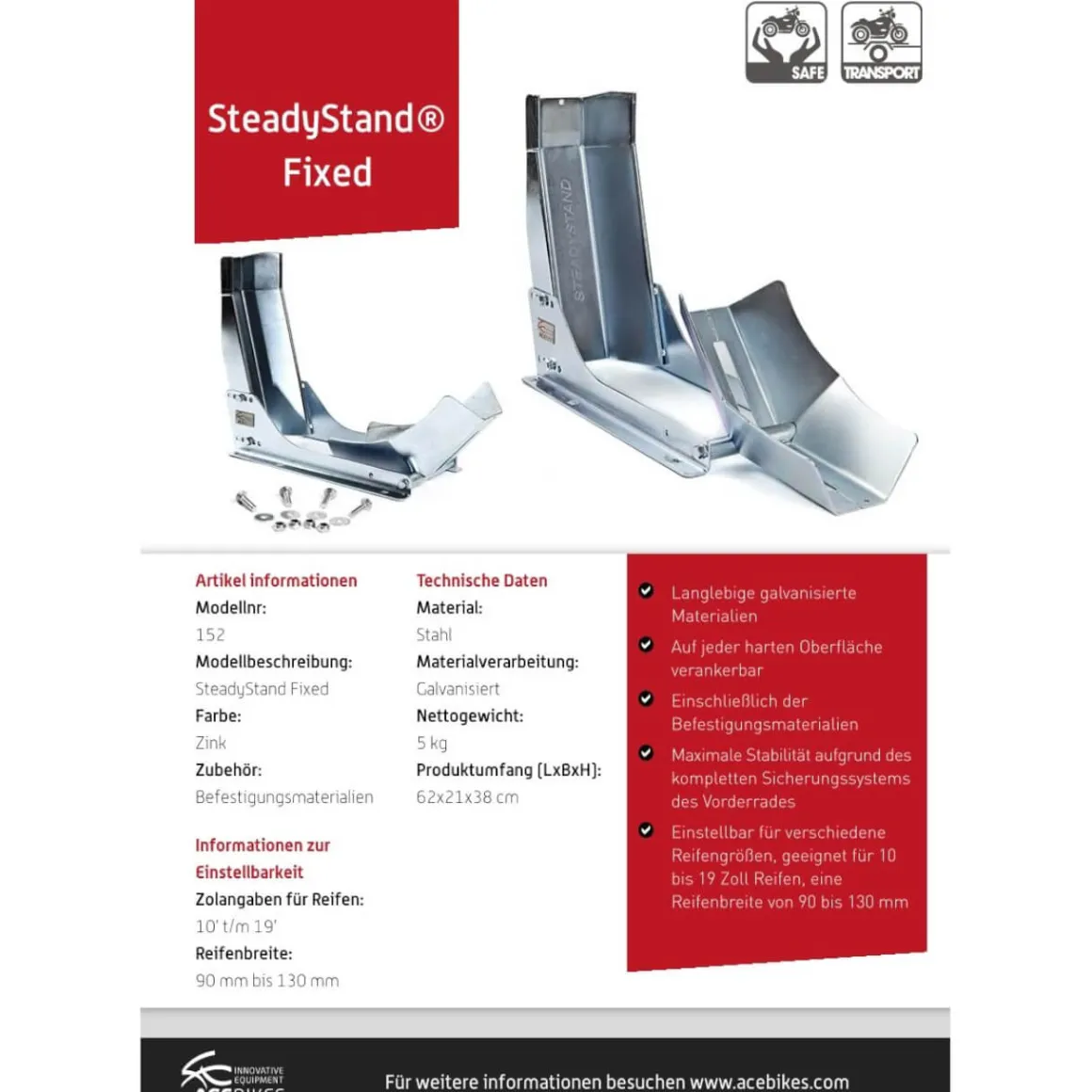 ACEBIKES SteadyStand Fixed - Motorradwippe montierbar