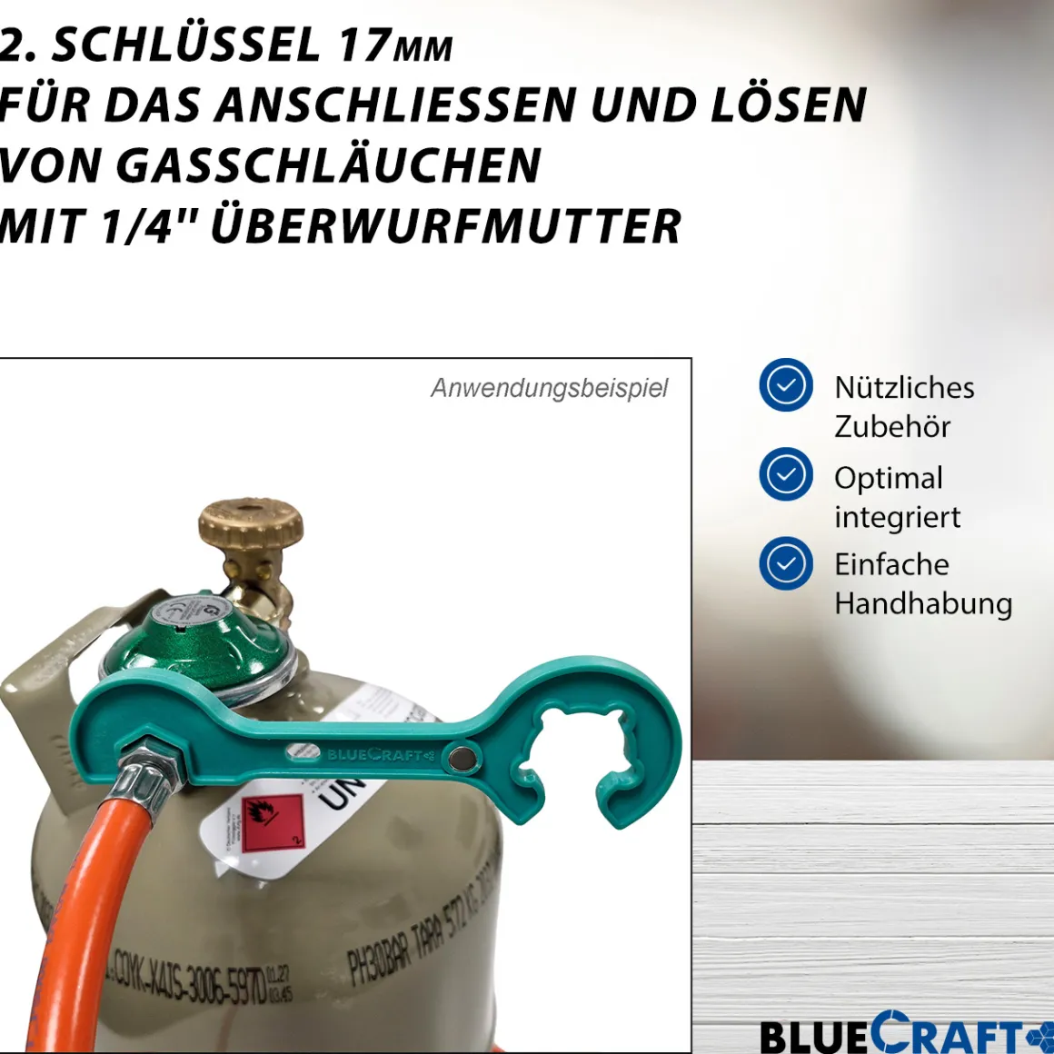 Anschluss-Set aus Gasregler 50 mbar 150 cm Gasschlauch + Gasflaschenschlüssel