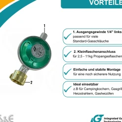 Anschluss-Set aus Gasregler 50 mbar 150 cm Gasschlauch + Gasflaschenschlüssel