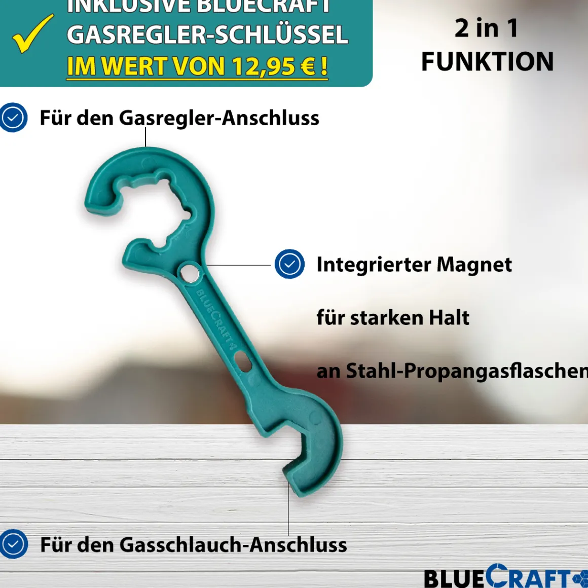 Anschluss-Set aus Gasregler 50 mbar 150 cm Gasschlauch + Gasflaschenschlüssel