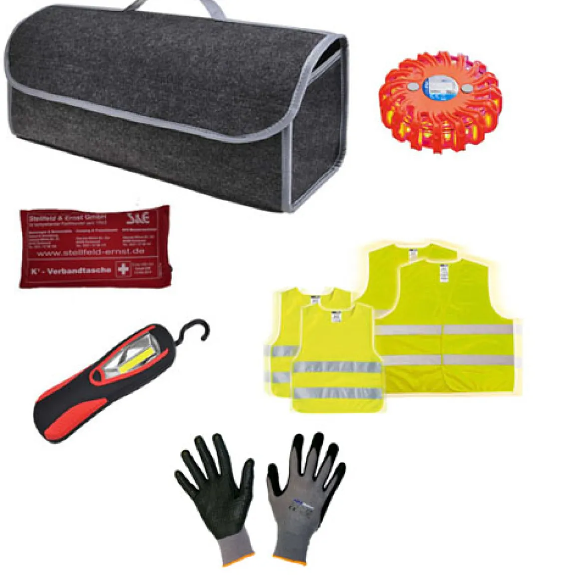 Auto-Sicherheitset, Pannenset 12-teilig, Warnwesten, Handschuhe, Verbandstasche