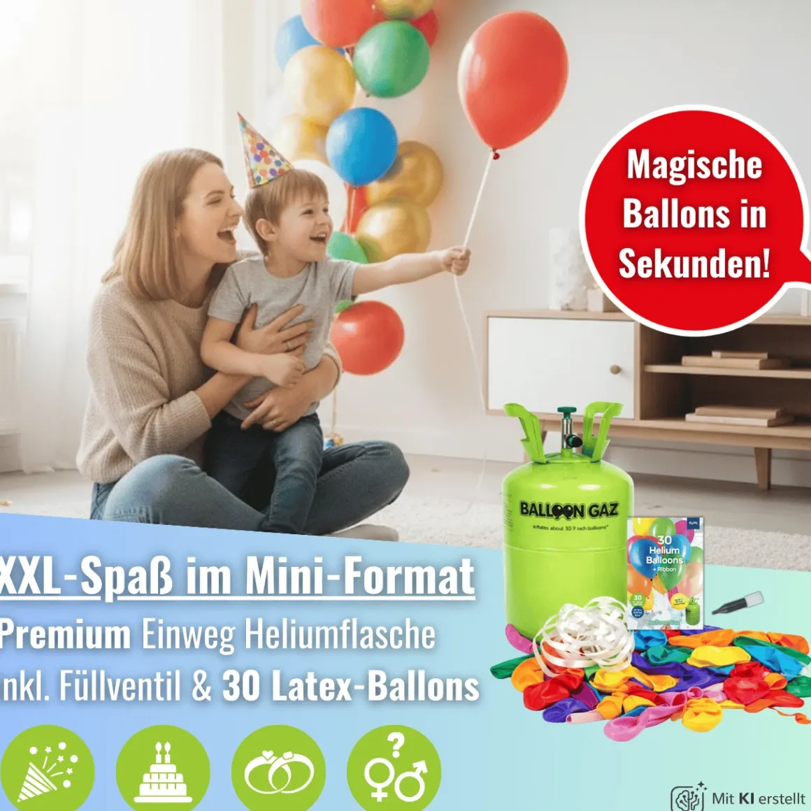 Ballongas Helium Einweg Flasche 30 - Heliumflasche mit 30 Ballons