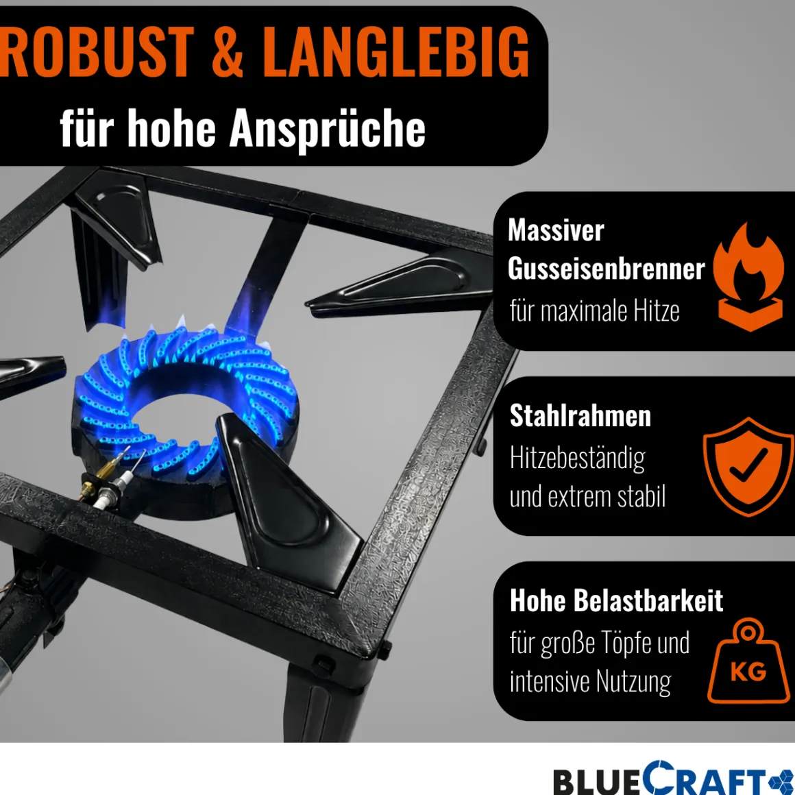 4-Bein Gas-Hocker-Kocher 10,5 kW mit Zündsicherung Piezozündung mit Gasschlauch, Gasregler und Lecksuchspray