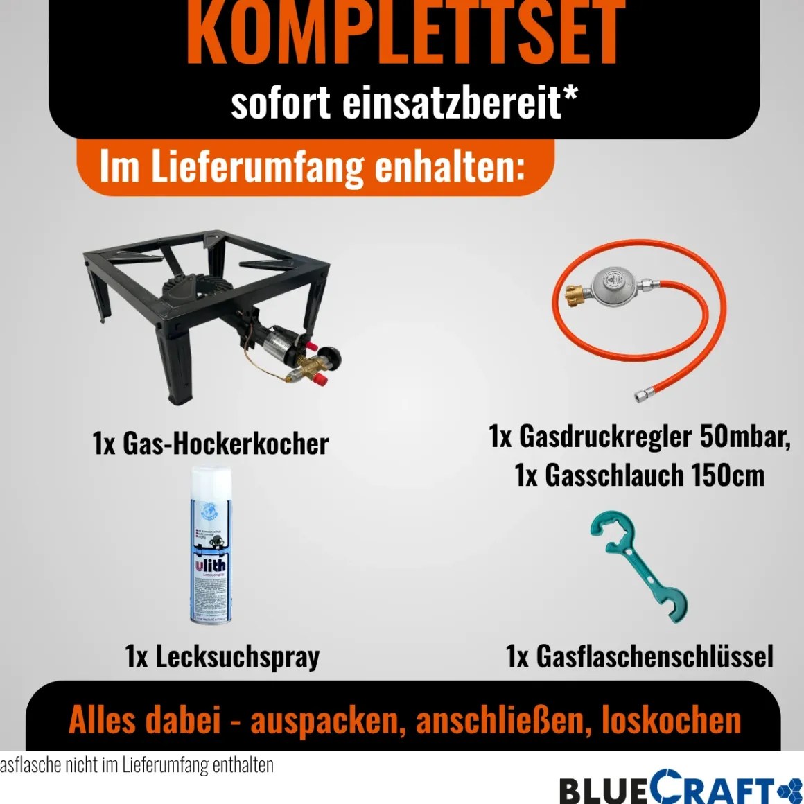 4-Bein Gas-Hocker-Kocher 10,5 kW mit Zündsicherung Piezozündung mit Gasschlauch, Gasregler und Lecksuchspray