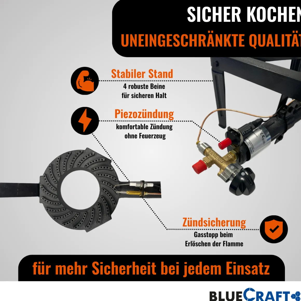 4-Bein Gas-Hocker-Kocher 10,5 kW mit Zündsicherung Piezozündung mit Gasschlauch, Gasregler und Lecksuchspray