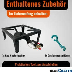 4-Bein Gas-Hocker-Kocher 10,5 kW mit Zündsicherung Piezozündung mit 2 in 1 Gasregler-Schlüssel