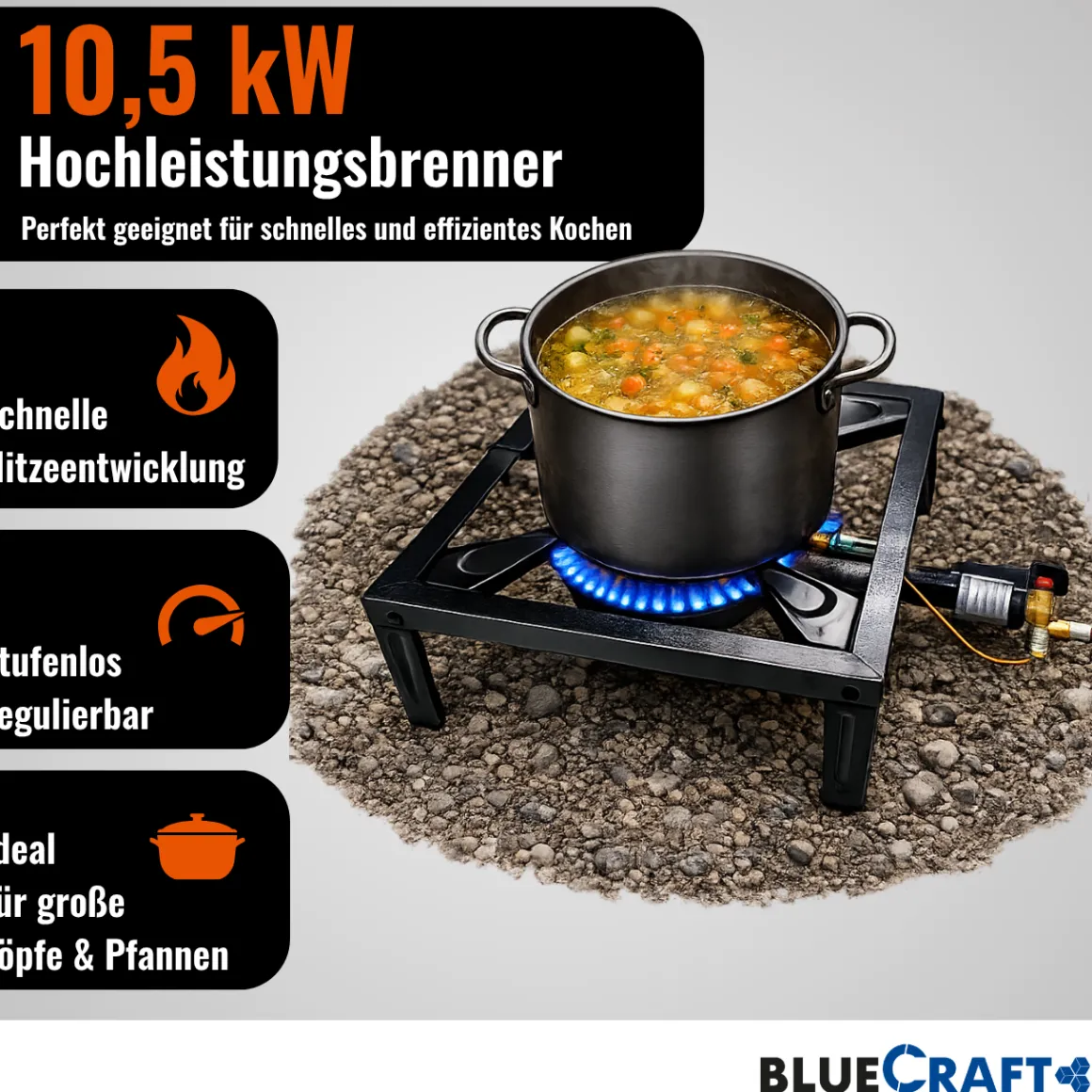 4-Bein Gas-Hocker-Kocher 10,5 kW mit Zündsicherung Piezozündung mit Gasschlauch und 11-Stufen- Gasregler