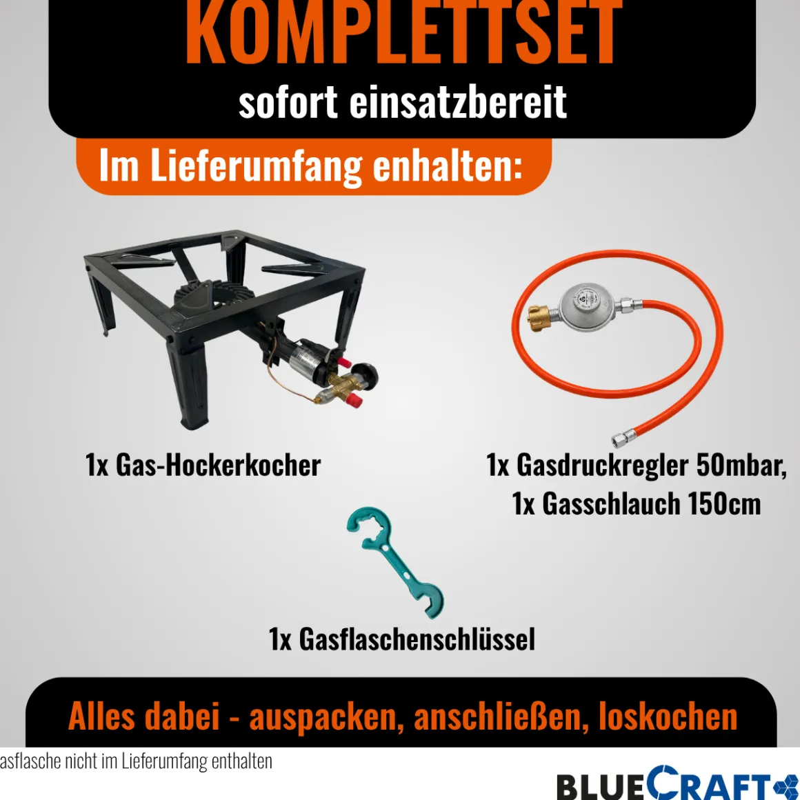 4-Bein Gas-Hocker-Kocher mit Zündsicherung Piezozündung mitGasschlauch und Gasregler