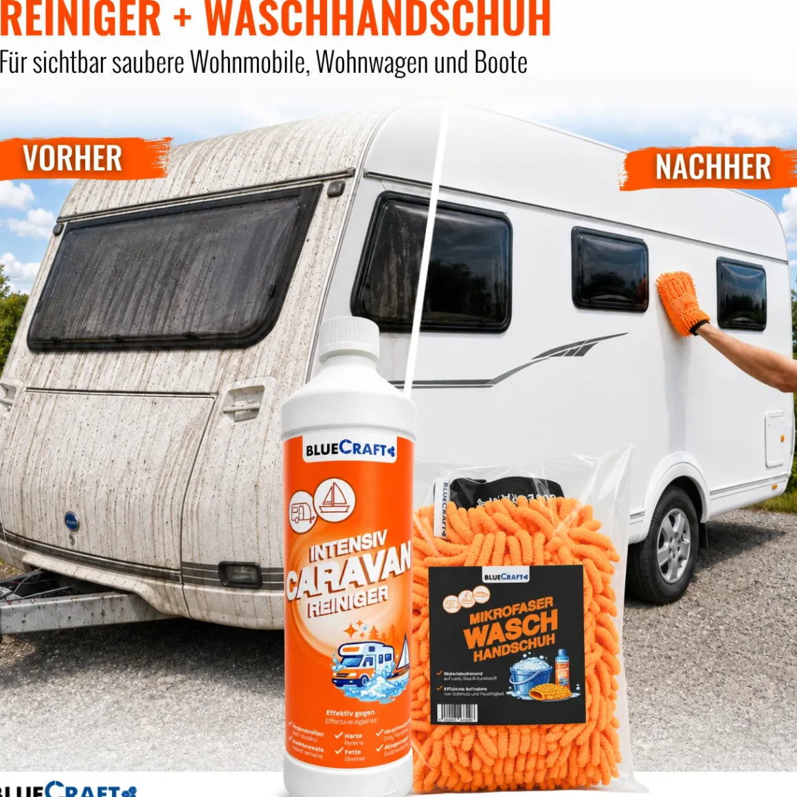 Bluecraft Caravan Intensivreiniger 1L - für Reisemobile und Boote, mit Waschhandschuh