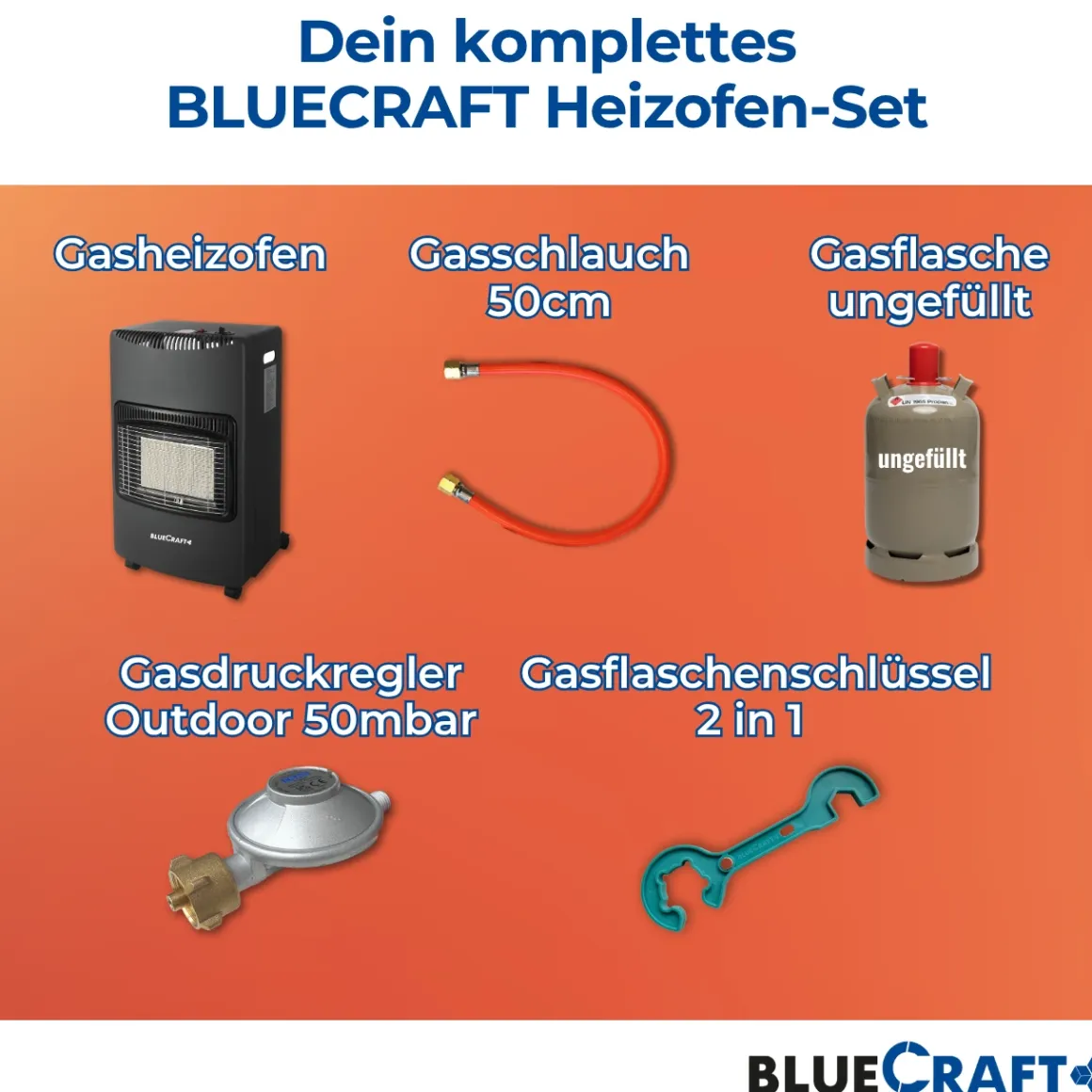 BlueCraft Infrarot Gas Heizofen 4,2 kW mit Anschlusszubehör und 11 kg Gasflasche ungefüllt