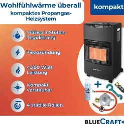 BlueCraft Infrarot Gas Heizofen 4,2 kW  mit Gasregler für Innenräume