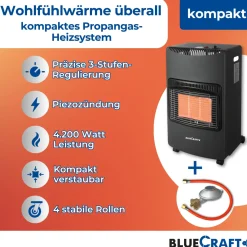 BlueCraft Infrarot Gas  Heizofen 4,2 kW mit klappbaren Seitenwänden, inkl. Schlauch und Regler
