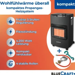 BlueCraft Infrarot Gas Heizofen 4,2 kW mit klappbaren Seitenwänden, mit Schlauch, Gasregler und -schlüssel