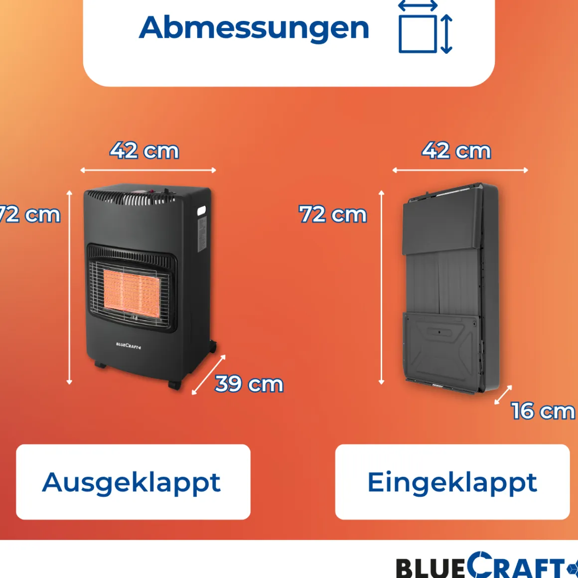 BlueCraft Infrarot Gas Heizofen 4,2 kW mit klappbaren Seitenwänden, mit Schlauch, Gasregler und -schlüssel