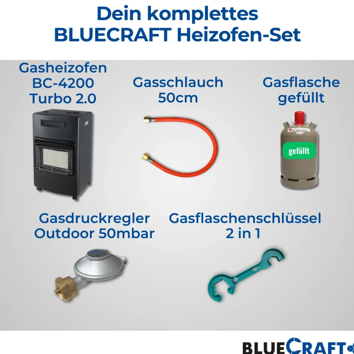 BlueCraft 3 in 1 Infrarot Gas Heizofen 4,2 kW mit Anschlusszubehör und 11 kg Gasflasche gefüllt