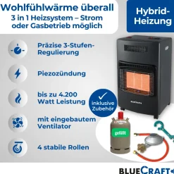 BlueCraft 3 in 1 Infrarot Gas Heizofen 4,2 kW mit Anschlusszubehör und 11 kg Gasflasche gefüllt