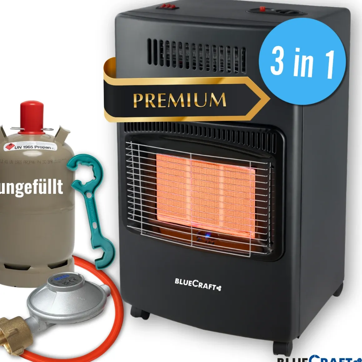 BlueCraft 3 in 1 Infrarot Gas Heizofen 4,2 kW mit Anschlusszubehör und 11 kg Gasflasche ungefüllt