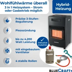 BlueCraft 3 in 1 Infrarot Gas Heizofen 4,2 kW mit Anschlusszubehör und 11 kg Gasflasche ungefüllt