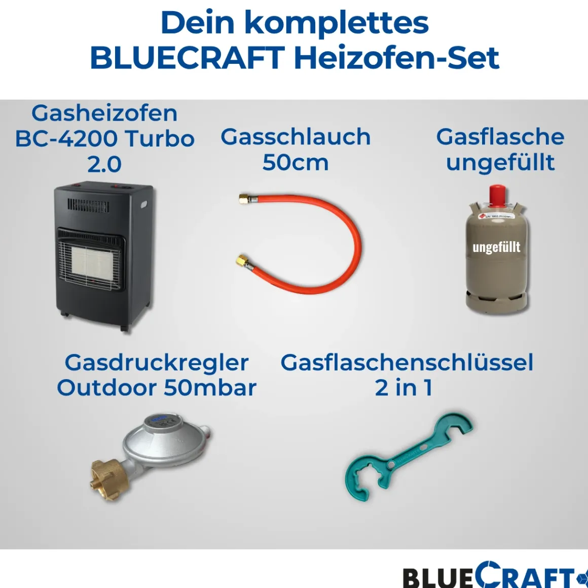 BlueCraft 3 in 1 Infrarot Gas Heizofen 4,2 kW mit Anschlusszubehör und 11 kg Gasflasche ungefüllt