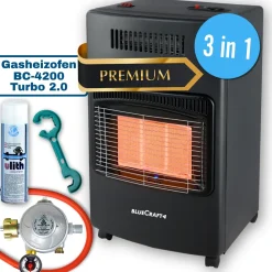 BlueCraft 3 in 1 Infrarot Gas Heizofen 4,2 kW  mit Anschlusszubehör und Gasdruckregler für Innenräume