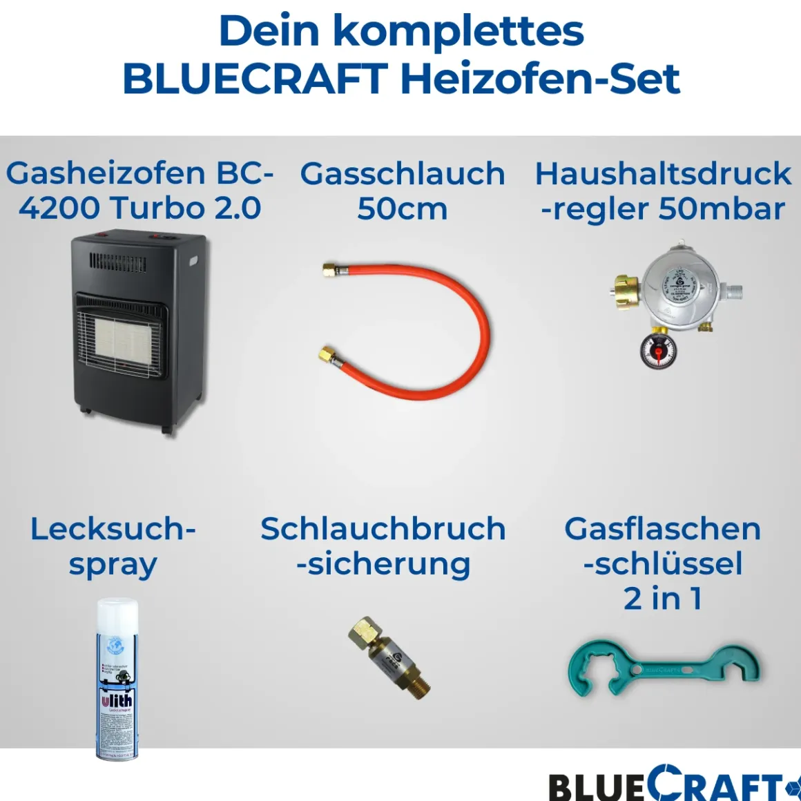 BlueCraft 3 in 1 Infrarot Gas Heizofen 4,2 kW mit Anschlusszubehör und Gasdruckregler für Innenräume