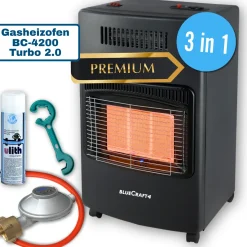 BlueCraft 3 in 1 Infrarot Gas Heizofen 4,2 kW  mit Schlauch, Gasregler, Gasschlüssel & Lecksuchspray