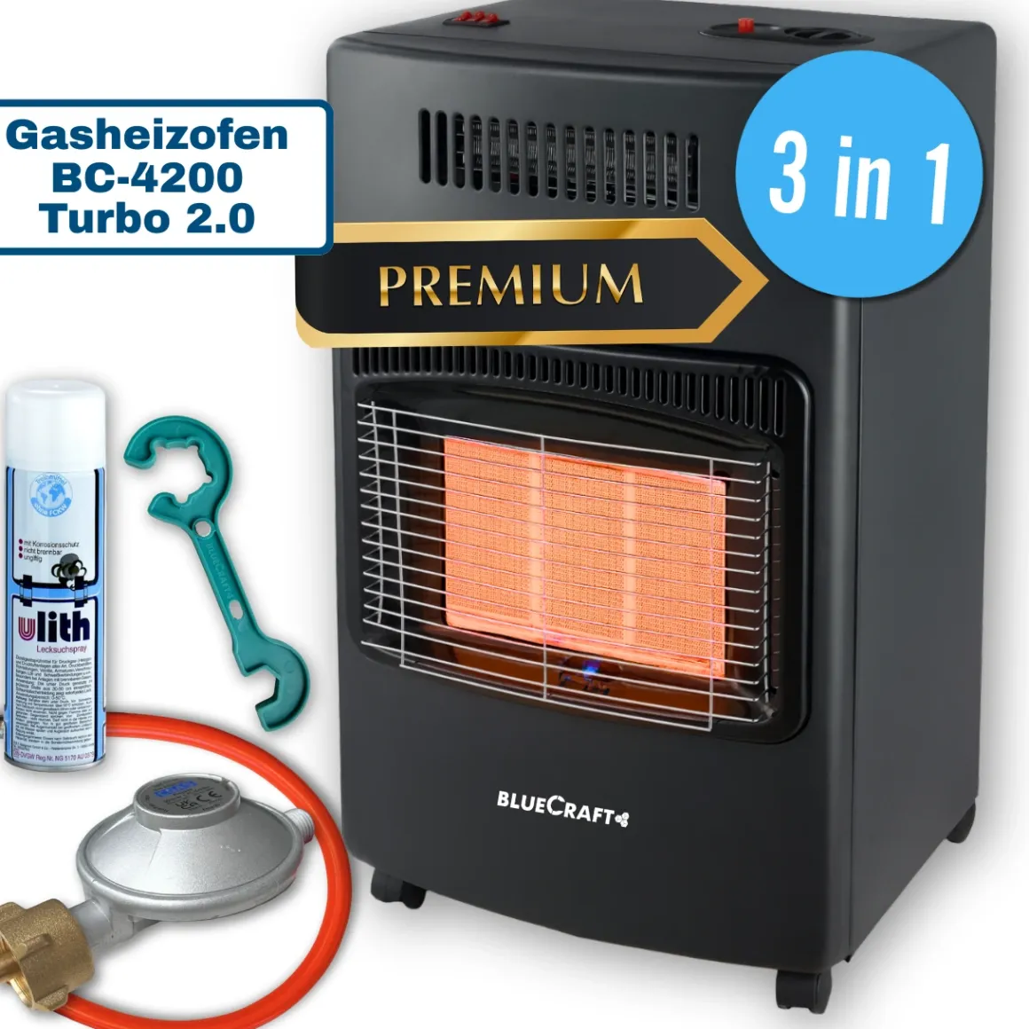 BlueCraft 3 in 1 Infrarot Gas Heizofen 4,2 kW mit Schlauch, Gasregler, Gasschlüssel & Lecksuchspray