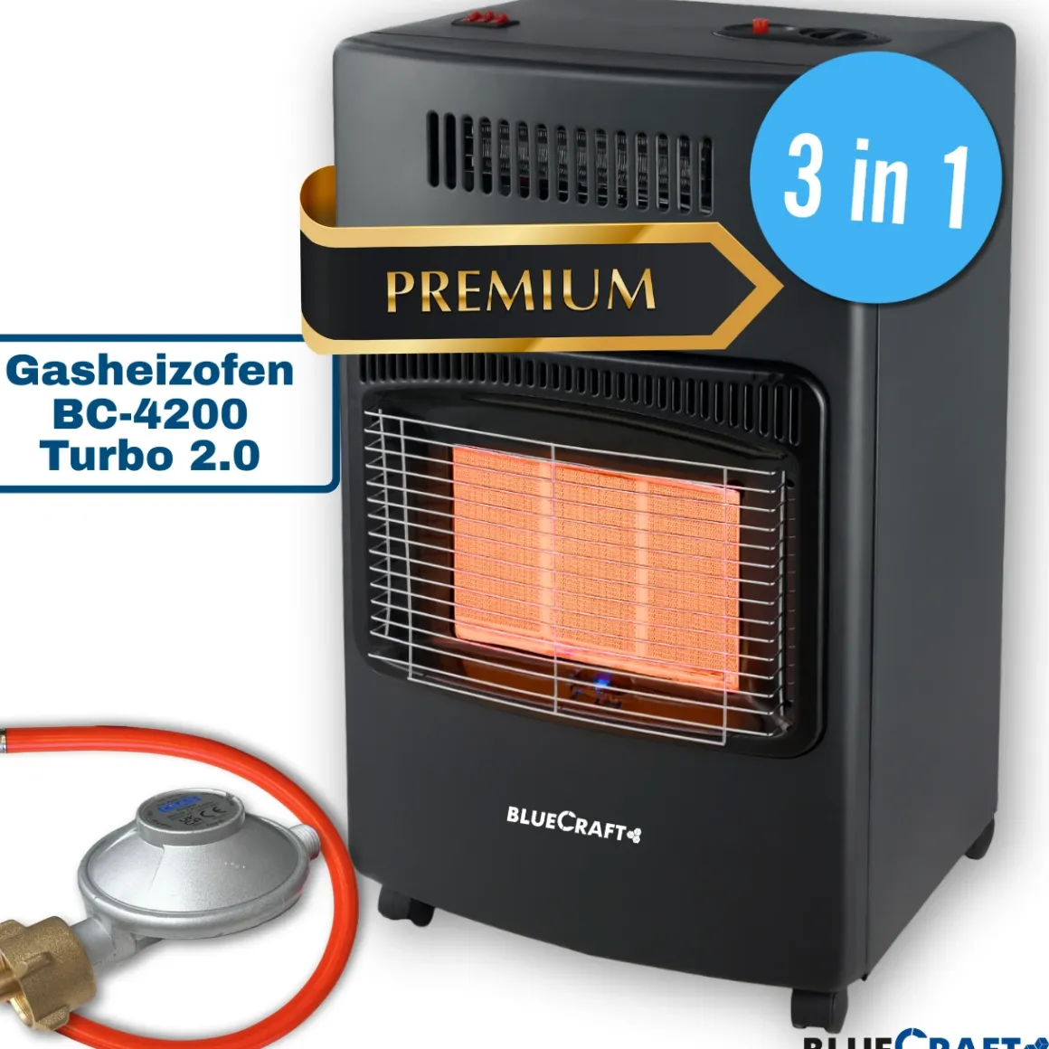 BlueCraft 3 in 1 Infrarot Gas Heizofen 4,2 kW mit Schlauch und Gasregler