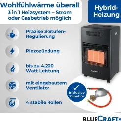 BlueCraft 3 in 1 Infrarot Gas Heizofen 4,2 kW mit Schlauch und Gasregler