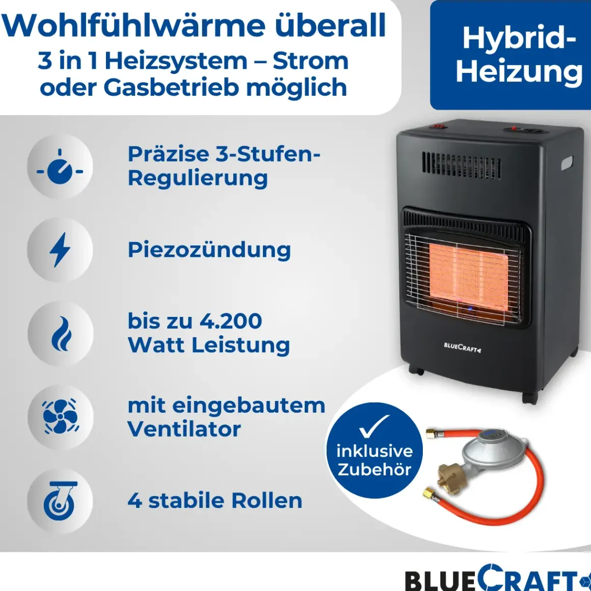 BlueCraft 3 in 1 Infrarot Gas Heizofen 4,2 kW mit Schlauch und Gasregler