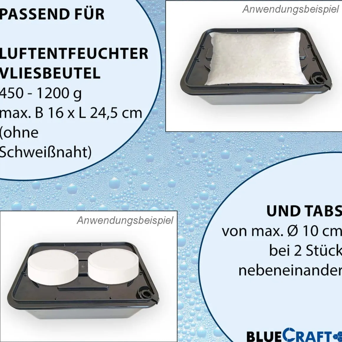 Bluecraft Luftentfeuchter Granulat Box MEGA mit 10x 1kg Vliesbeutel Nachfüllpack Raumentfeuchter