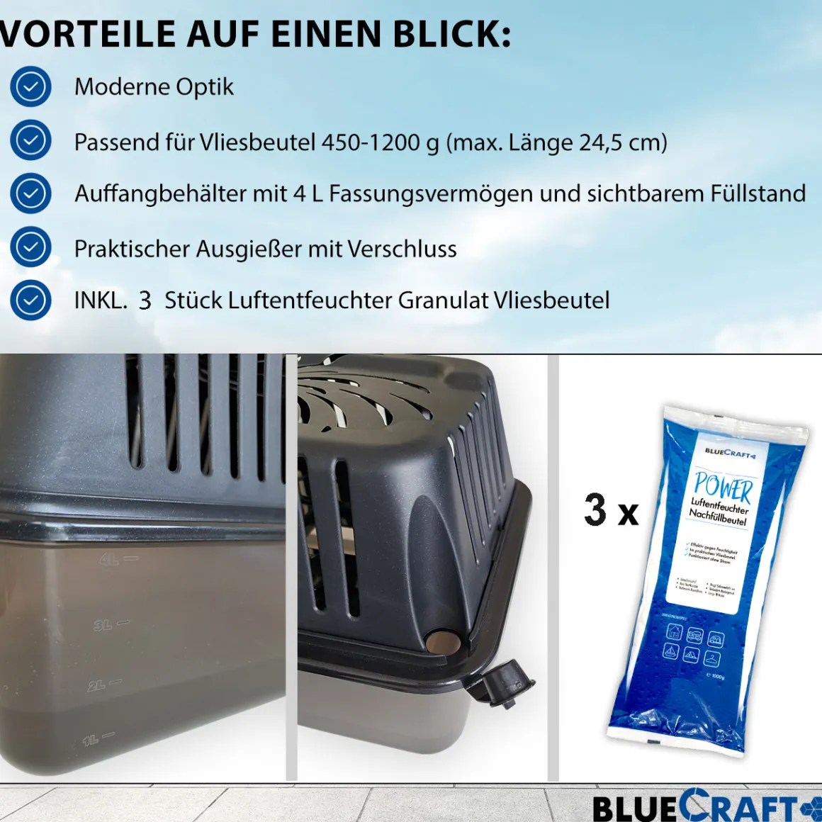 Bluecraft Luftentfeuchter Granulat Box MEGA mit 3x 1kg Vliesbeutel Nachfüllpack Raumentfeuchter