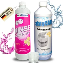 Bluecraft Rinse Konzentrat 1L & abtyCAM  Toilettenzusatz 1L, mit Dosierbecher 50 ml - Sanitärflüssigkeiten für Campingtoiletten
