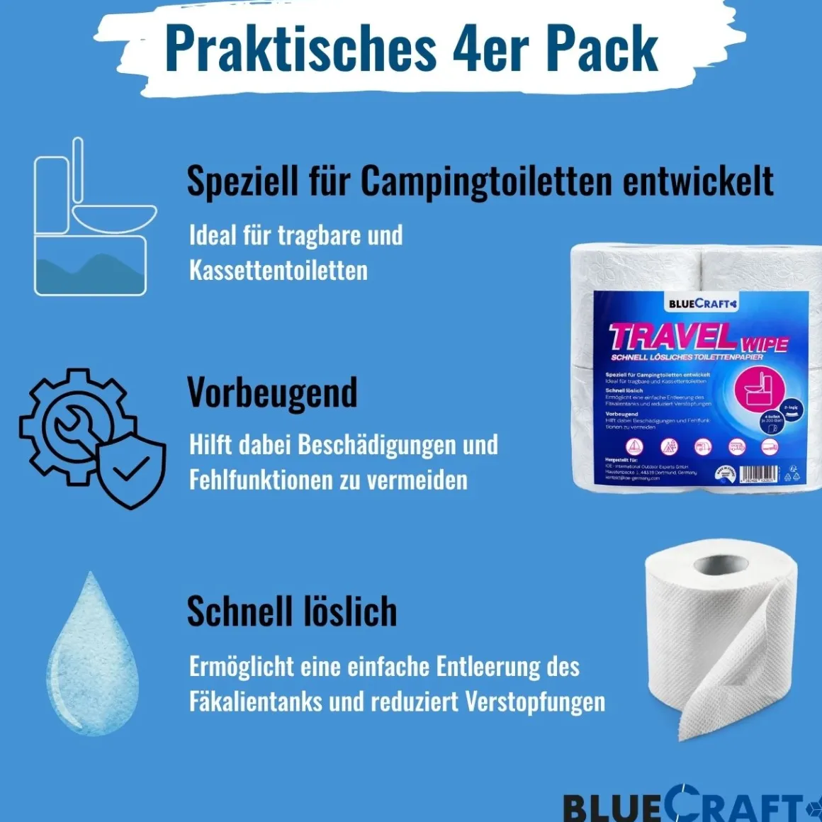 Bluecraft Sanitärflüssigkeit 2,5 l für Campingtoiletten mit 4 Rollen Toilettenpapier