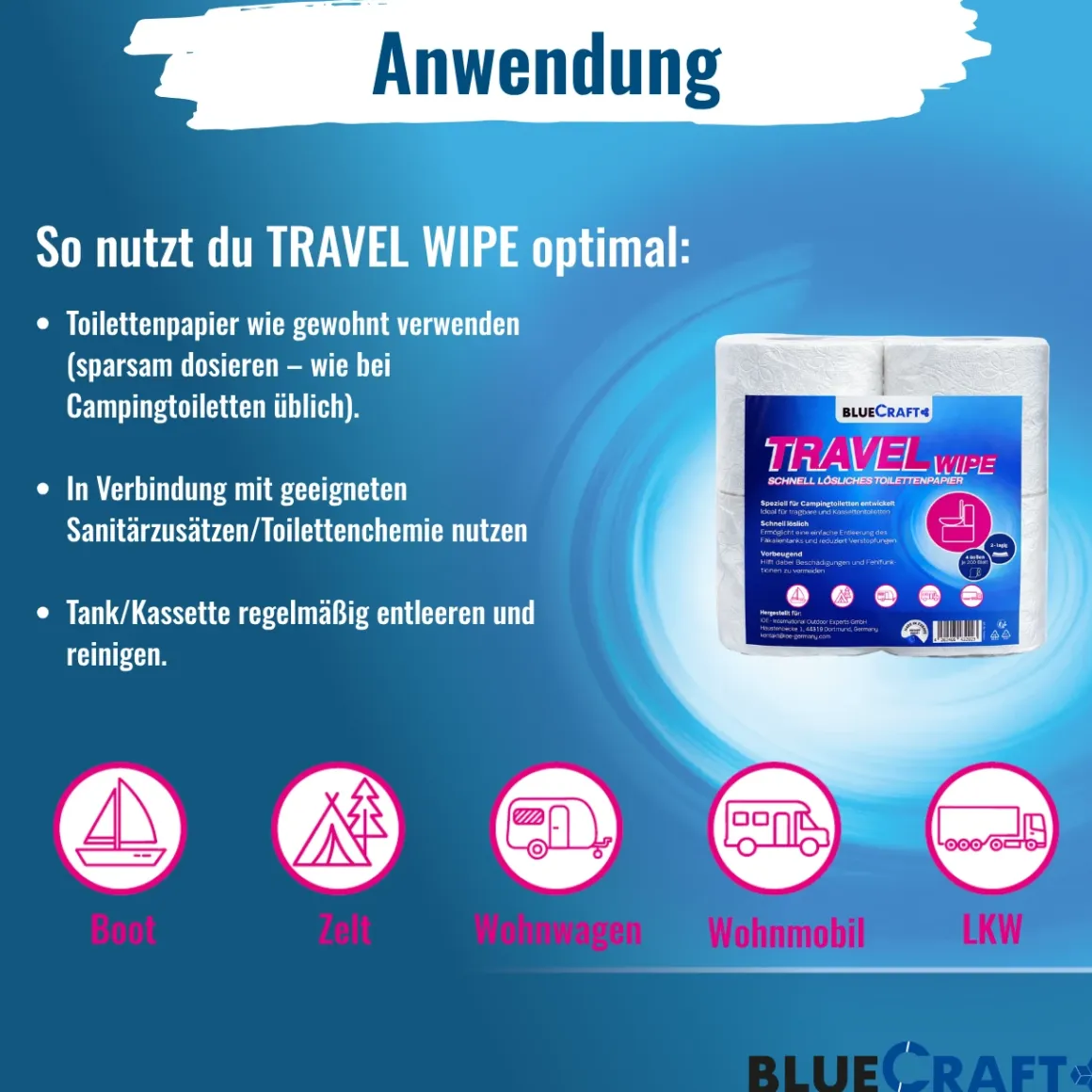 Bluecraft Travel Wipe - Toilettenpapier im 4er Pack schnell löslich