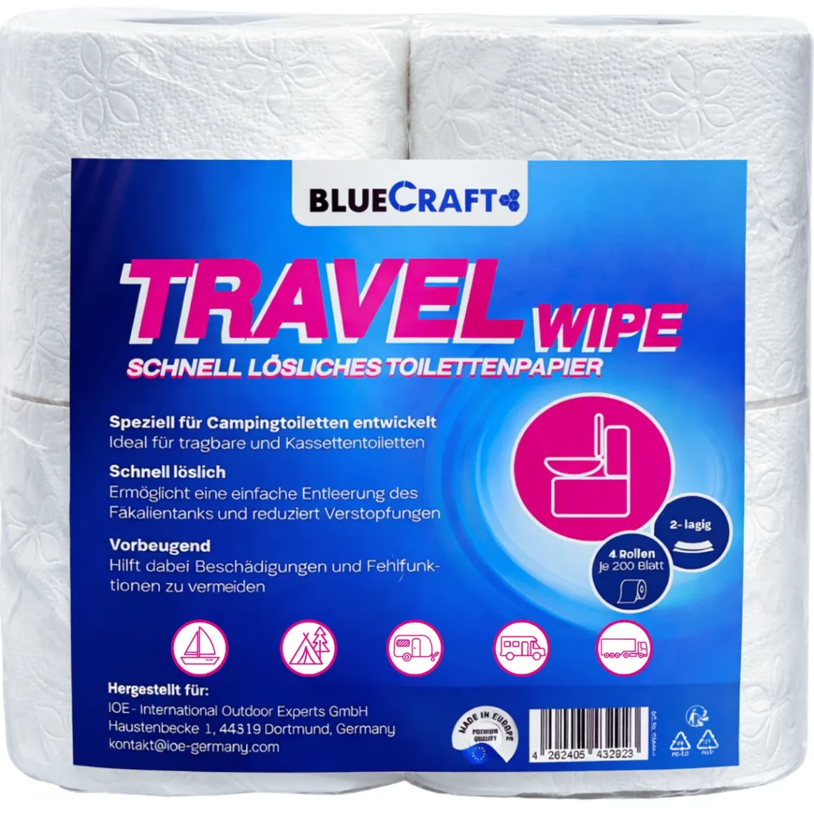Bluecraft Travel Wipe - Toilettenpapier im 4er Pack schnell löslich