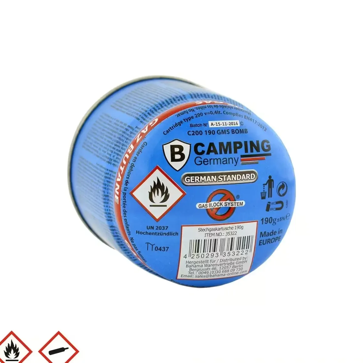 Butangas Stechkartusche 190g mit Gas-Stop-System gefüllt mit Butan-/ Propangasmischung