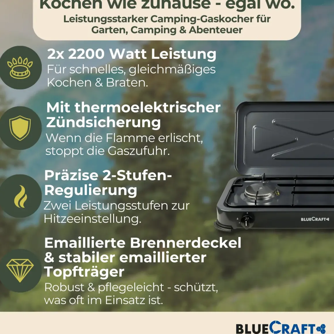 Camping-Gas-Kocher Mobi 2-flammig, anthrazit-grau mit Zündsicherung