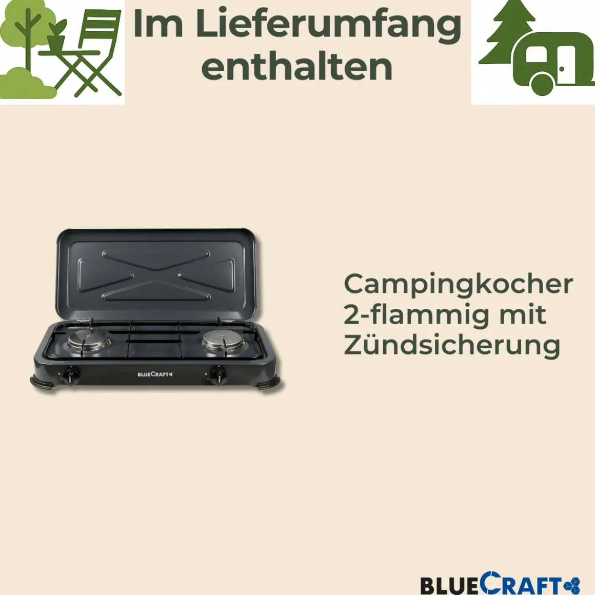 Camping-Gas-Kocher Mobi 2-flammig, anthrazit-grau mit Zündsicherung