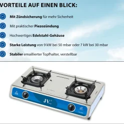Edelstahl Gaskocher Campingkocher 2-flammig  mit Zündsicherung, 30 50 mbar mit Gasschlauch, Gasdruckregler und Gasregler-Schlüssel