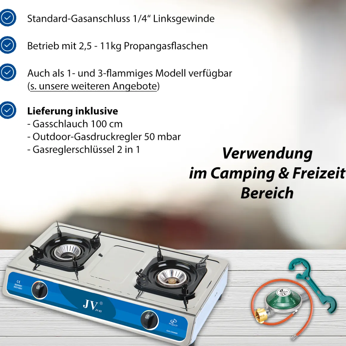Edelstahl Gaskocher Campingkocher 2-flammig mit Zündsicherung, 30 50 mbar mit Gasschlauch, Gasdruckregler und Gasregler-Schlüssel