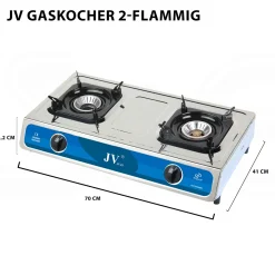 Edelstahl Gaskocher Campingkocher 2-flammig mit Zündsicherung, 30 50 mbar mit Gasschlauch, Gasdruckregler und Gasregler-Schlüssel