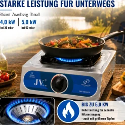 Edelstahl Gaskocher Campingkocher 1-flammig  mit Zündsicherung, 30 50 mbar