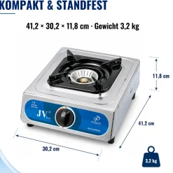 Edelstahl Gaskocher Campingkocher 1-flammig  mit Zündsicherung, 30 50 mbar
